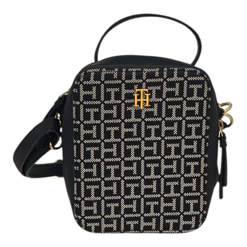 Tommy Hilfiger Black and Gold Crossbody Bag with Geometric Design